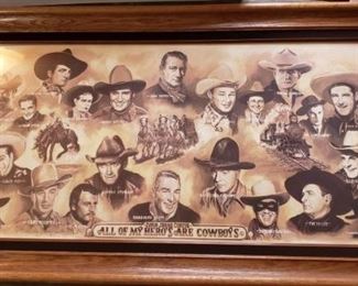Ivan Jesse Curtis "All of My Hero's are Cowboys" Signed and numbered 945/2000, velvet detailing on frame, approximate size 41"x1.5"x24" This online auction has two other Curtis to complete your collection.  https://ctbids.com/?site=1#!/description/share/314440