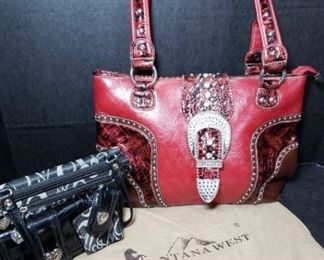 Red Montana West Hand Bag with Brown Cell Phone Case and Black Cross Body Purse. Red Montana West Hand Bag Length 14 inches and Height 9 inches. Black purse Length 8 inches and Height 6 1/2 inches. Brown Cell Phone Case Length 2 1/2 inches and Height 4 1/2 inches. https://ctbids.com/?site=1#!/description/share/314472