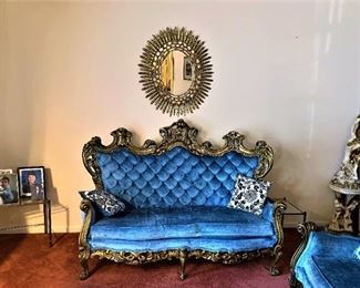Italian Baroque Tufted Blue Velvet Love Seat