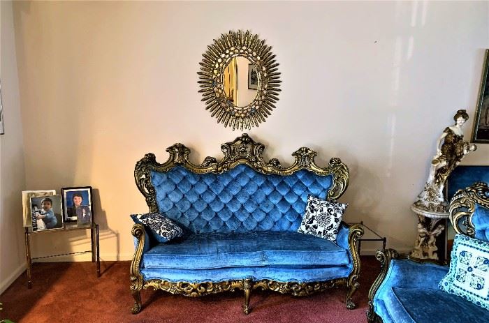 Italian Baroque Tufted Blue Velvet Love Seat