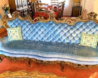 Italian Baroque Blue Velvet Tufted Sofa