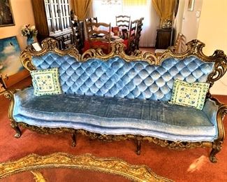 Italian Baroque Blue Velvet Tufted Sofa