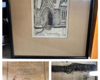 Childe Hassam etching (Church doorway in snow)