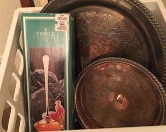 Silverplate trays and serving ladle