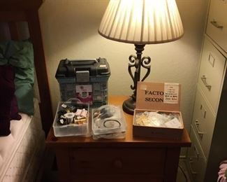 Night stand, Jewelry making supplies, lamp .