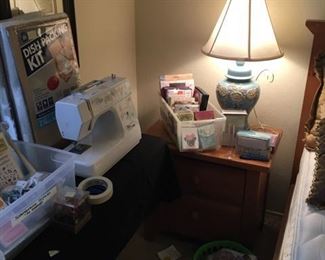 Pine End table, lamp, Husqvana Sewing machine