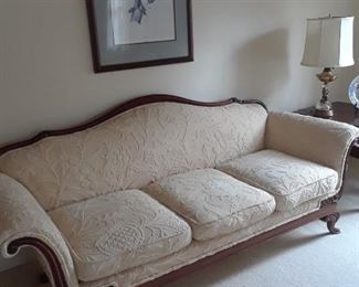 Three-cushion sofa upholstered in crewel fabric