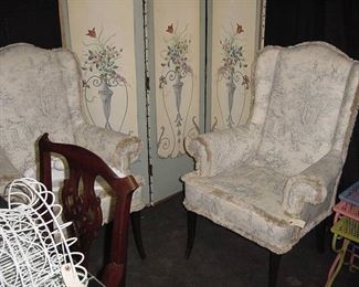 hand-painted folding screen, pair of custom toile wing chairs.