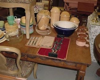 small dining table, vintage Fiesta, assorted kitchen items