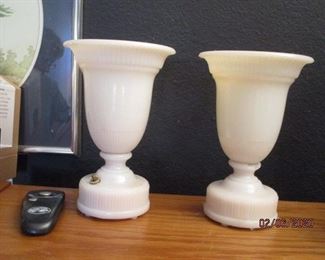 Very old 'up' milk glass lamps.  Chips on both.