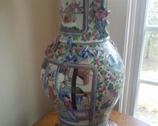 Antique Chinese Famille Rose porcelain lamp. Vase, mounted and drilled for a lamp