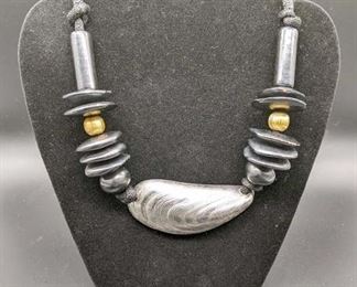 Black Silvertone & Goldtone Coastal Mussel Necklace