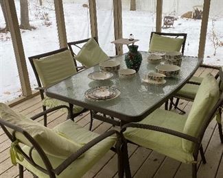 Patio Tempered Glass Table with 6 Arm Chairs and Cushions