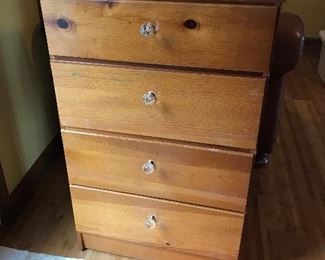 small wooden 4 drawer chest, side table, night stand with glass knobs