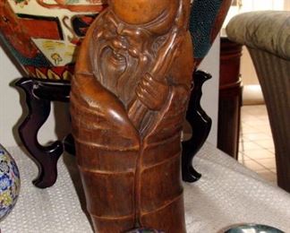 Shou Xing , Vintage, Carved, Bamboo Root, Immortal, Cloisonne, Enamel, Box, Trinket, Fishbowl, Porcelain