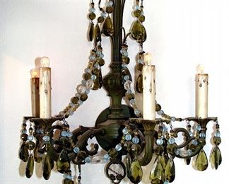 Crystal Chandelier, Vintage, 1960's, Electric, Wall Sconce, Hollywood Regency, Mid Century, Candelabra, Glass Crystals, Colored, Blue, Green