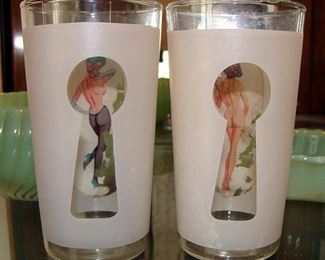 Nudes, Risque, Keyhole, Peek a Boo, Cocktail, Glasses, Pin Up, Vintage, Bar Ware, 1950's, 1960's, Mid Century