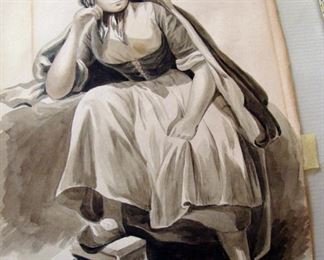 Vintage Art, Dutch, Woman, Peasant, Watercolor, Ink, Signed F. W