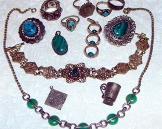 Vintage, Jewelry, Sterling Silver, Green Onyx, Art Deco, Turquoise, Charms, Rings, Pendant, Bracelet, Filigree 