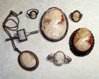 Antique, Victorian, Jewelry, 800 Silver, Cameo, Brooch, Ring, Pendant, Bar Pin