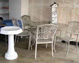 Vintage Birdbath, Iron Patio Set,  Birdhouse