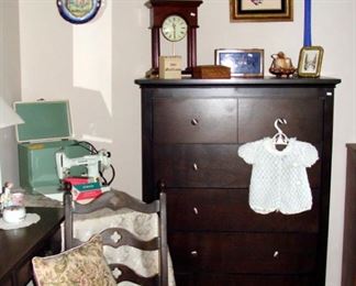 Vintage Jewelry Box, Singer 221, Sewing Machine, Hi-Boy Dresser, Art Glass, Bombay Co. Clock