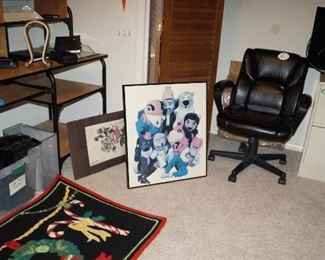 desk chair, rug, file cabinet, TV, collegiate picture
