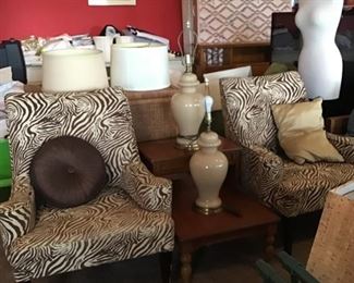 pair animal print chairs, lamps & shades, dress form