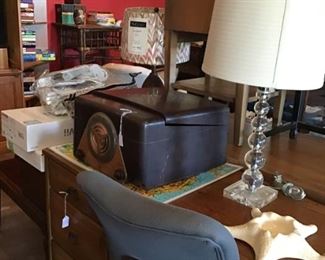 vintage admiral record player (must be re-wired), lamps, oak desk, wall art, books