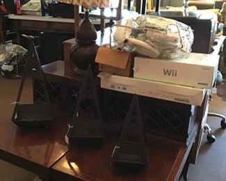 wii game system, lamps, weiman heirloom 2 level end tables
