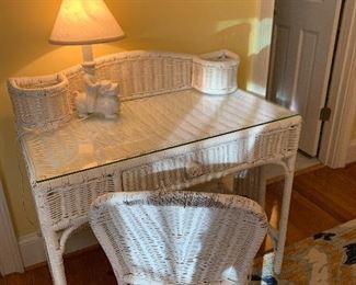 White Wicker Vanity and Chair