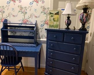 Painted desk, chair and chest of drawers