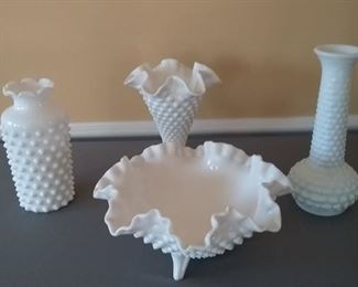 Assortment of White Milk Glass Vases and Bowl