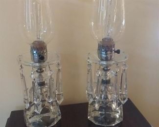 Pair of Crystal Princess Hurricane Etched Glass Table Lamps