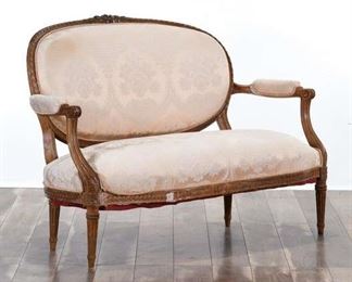 Carved Empire Revival Settee W Pink Damask Upholstery