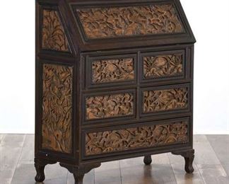 Asian Carved Panel Secretary Cabinet 