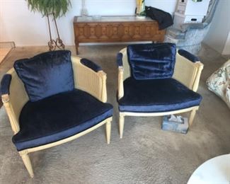 2 blue velvet wicker rattan chairs 