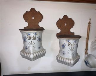 Antique German porcelain and wood Mehl and Salz hanging canisters  