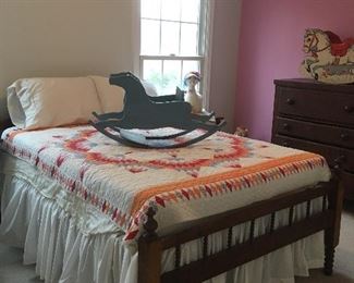 Antique Bed, Antique Quilt, Antique Child’s Rocking Horse. 
