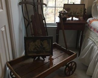 Antique Child’s Wagon, Antique Sled, Antique Cromo Lithograph of Cats/Kittens.