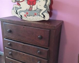 Antique Dresser, Vintage Child’s Toy Rocking Horse. 