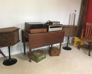 Vintage Bose Speakers, Vintage Marantz reciver, Vintage Dual Turntable . Antique Dropleaf Table. 