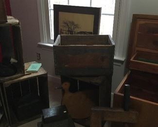 Large Wooden Antique Vice, Antique Tin Valuables / Documents Boxes. 