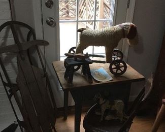 Antique Sled, Antique School desk, chair, Antique Ride on Dog toy 
