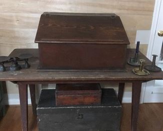 Antique Desk, Table, Desk, trunk on legs, documents box,candle holders,scale 