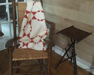 Antique Twig table ,Rocking chair, Antique Red & White Early Quilt. 