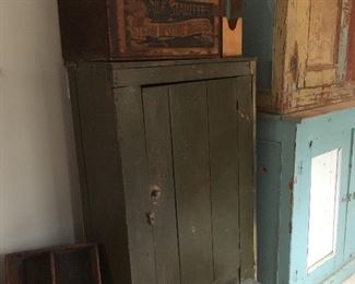 Antique Baskets , Cabinet, Advertising Crates, Bootjack stools.