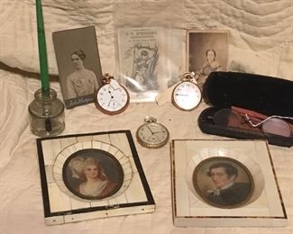Antique Paintings on Ivory, Inkwell, Eyeglasses, Photographs, Pocket Watches.