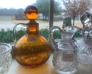 Vintage Oil and Vinegar, Amber Glass, Etched Glass 