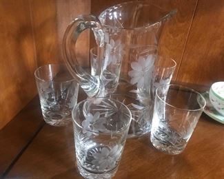Etched Glass Lemonade Pitcher and Glasses 